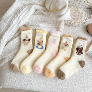 Women Cute Cartoon Bear Mid-Calf Socks Warm Thick Cotton Terry With Faux Fur Trim Autumn Winter Plush Sweet