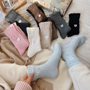Cozy Japanese wool blend crew socks with sweet bow embroidery and colorful speckled knit