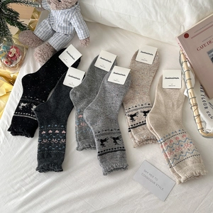 Detailed knit patterns of heart and reindeer on grey wool socks in a cozy winter set