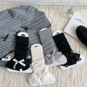 Women Cotton Blend Knit Leg Warmers Lolita Ribbed Slouch Socks Satin Bows Ruffle Hem Balletcore Japanese Sweet Style