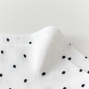 Détail de chaussettes blanches à pois noirs montrant la maille fine et le bord élastique