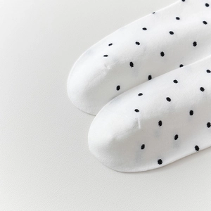 Gros plan de chaussettes blanches en maille à pois noirs avec détails de couture fins