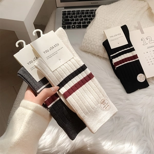 Three-pack of British style striped wool crew socks in beige, grey, and black colors