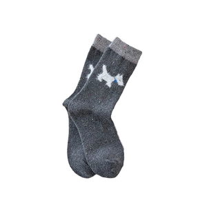 Thick wool socks in dark grey with colorful speckles and cute white dog pattern