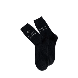 Chaussettes chaudes noires motif chiot avec broderie Happy Puppy et rayures hiver