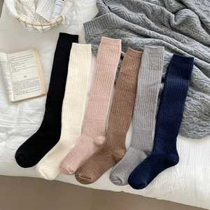 Women Slouch Socks Japanese Style Knitted Vertical Ribbed Solid Color Thickened Warm Autumn Winter Knee High Stockings