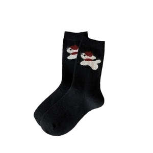 Cozy black wool crew socks featuring a cute white cartoon puppy embroidery design