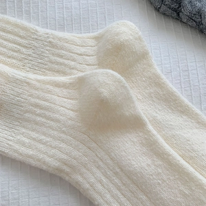Macro detail of creamy white rib-knit thermal calf socks with thick wool texture