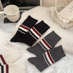 British style thick ribbed mid-calf socks with red and white stripes in three classic colors