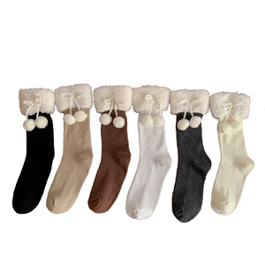 Kawaii Lolita crew socks set with faux fur cuffs and pom-pom bows in six diverse colors