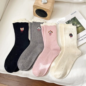 Damen Wadenlange Socken Gesprenkelter Strick Tierstickerei Rüschensaat Japanisch Süß Kawaii Baumwollmischung Herbst Winter