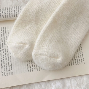Close-up of plush white knit thermal socks featuring soft faux mink fur texture details