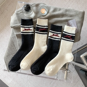 Women Sweet Academy Style Wool Slouch Socks Thickened Warm Winter Mid-Tube Socks With 3D Bowknot And Striped Ribbed Pattern