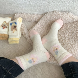 Cute warm mid-calf plush socks in beige and pink with cartoon pattern and faux fur trim