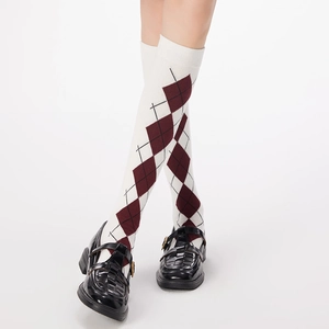 Japanese style white argyle knee high socks with classic red and black diamond pattern