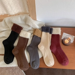 Chaussettes Slouch Femme Hiver Épaisses Chaudes en Mélange de Laine Revers en Peluche Tricot Color Block pour la Maison