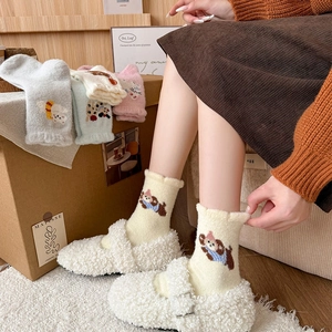 Calze spesse in pile corallo da donna con ricami di animali carini per l'inverno