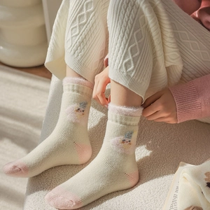Cute warm winter crew socks with plush sheep cartoon and pink trim in cream color