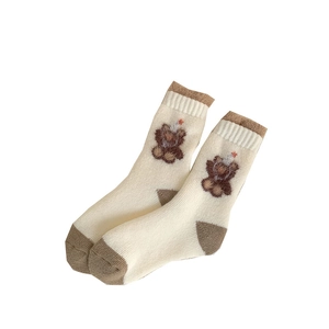 Japanese style cute beige thermal socks with brown bear embroidery and color block design