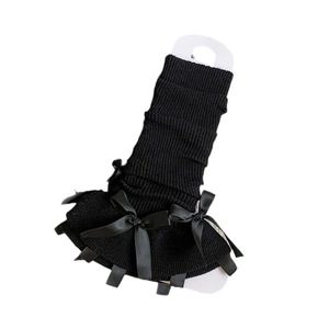 Lolita style black ribbed knit leg warmers with satin bows for ballet aesthetic