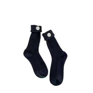 Thick warm ribbed knit mid-calf socks with cute fold-over cuff and green plaid button
