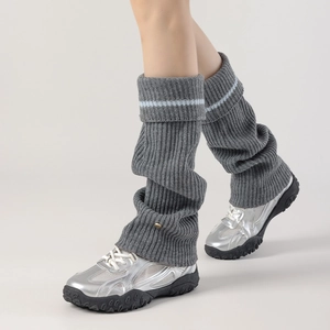 Women Knit Leg Warmers Fold Over Ribbed Slouch Socks Contrast Stripe Metal Buckle Warm Thick Preppy JK Style Accessories