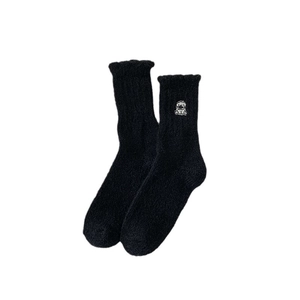 Plush black thermal socks with cute dog embroidery and wavy cuffs for winter warmth