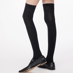 Detail of black over-the-knee socks in knit fabric paired with Mary Jane leather shoes