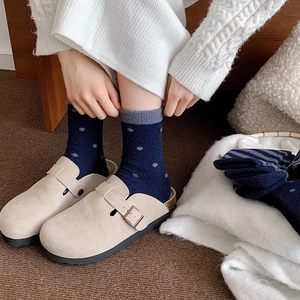 Cozy winter home styling with blue polka dot knit socks and beige suede Boston clogs
