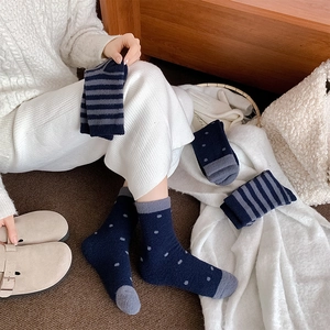 Close-up of cozy striped plush socks worn on feet with warm knit texture for winter