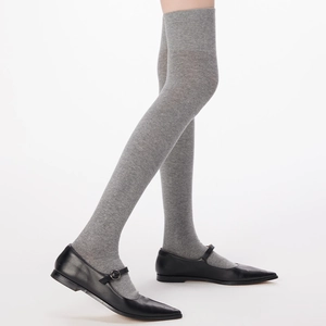 Detailed view of grey over-the-knee knit socks featuring vertical ribbing and Mary Janes