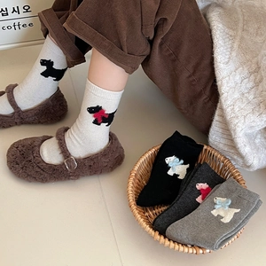 Thick wool blend socks featuring cute cartoon dog embroidery and ribbon bow accents