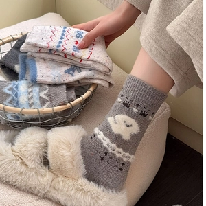 Dicke Wollmischsocken mit süßen grauen Cartoon-Mustern und Jacquard-Strickdesigns für Damen