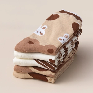 Detailed set of five cotton crew socks with cute rabbit prints and polka dot patterns