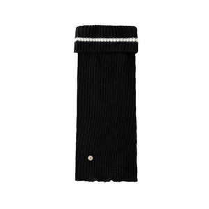 Thick black knitted leg warmers with white stripe and metal logo for winter fashion