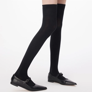 Close-up of black thigh high ribbed socks paired with elegant Mary Jane flat shoes