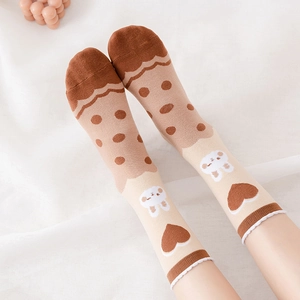 Cute khaki cotton socks with bear motifs, heart patterns, and delicate scalloped lace cuffs