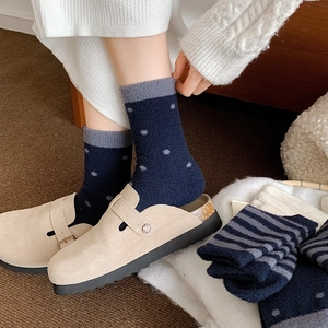 Thick plush knit thermal mid-calf socks with grey polka dots for winter warmth