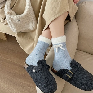 Women Mid Calf Slouch Socks Cotton Blend Faux Fur Cuff Bowknot Speckled Yarn Japanese Sweet Winter Warm Socks