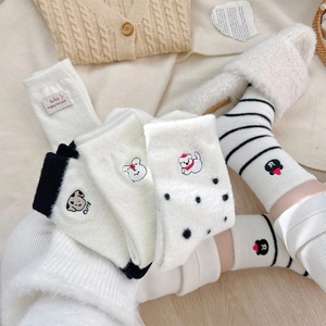 Thick warm winter socks with cute animal embroidery and stripes for cozy home comfort