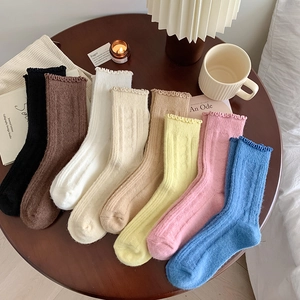 Women Slouch Socks Wool Blend Ruffle Edge Thick Warm Ribbed Solid Color Sweet Style