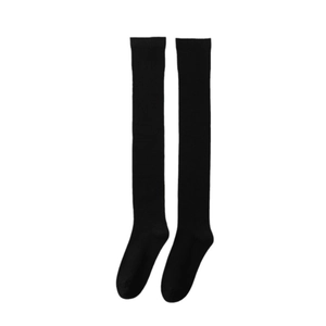 Classic black over-the-knee knit socks with elastic cuffs in minimalist flat lay style