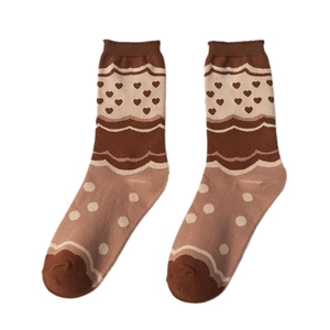 Japanese style khaki bear socks with heart and polka dot patterns for women