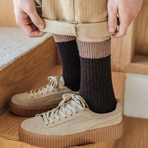 Detail of wool blend socks with contrast cuffs and thick vertical ribbing texture