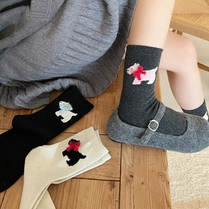 Thick wool knit socks featuring cute puppy embroidery and colorful 3D ribbons