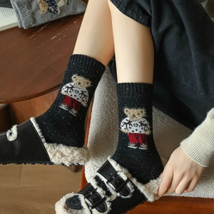 Winter thick wool socks featuring cute bear embroidery and knit speckled dot pattern
