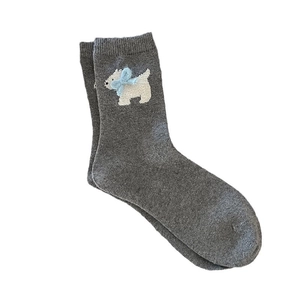 Thick dark grey wool socks with white dog embroidery and 3D light blue bow detail