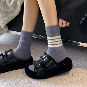 Winter plush black platform double-buckle slippers with grey striped high crew socks