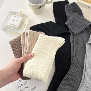 Detailed close-up of Japanese style ribbed knit cotton leg warmers in neutral tones