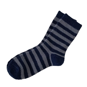 Thick plush striped socks in dark blue and grey, warm winter middle tube home hosiery